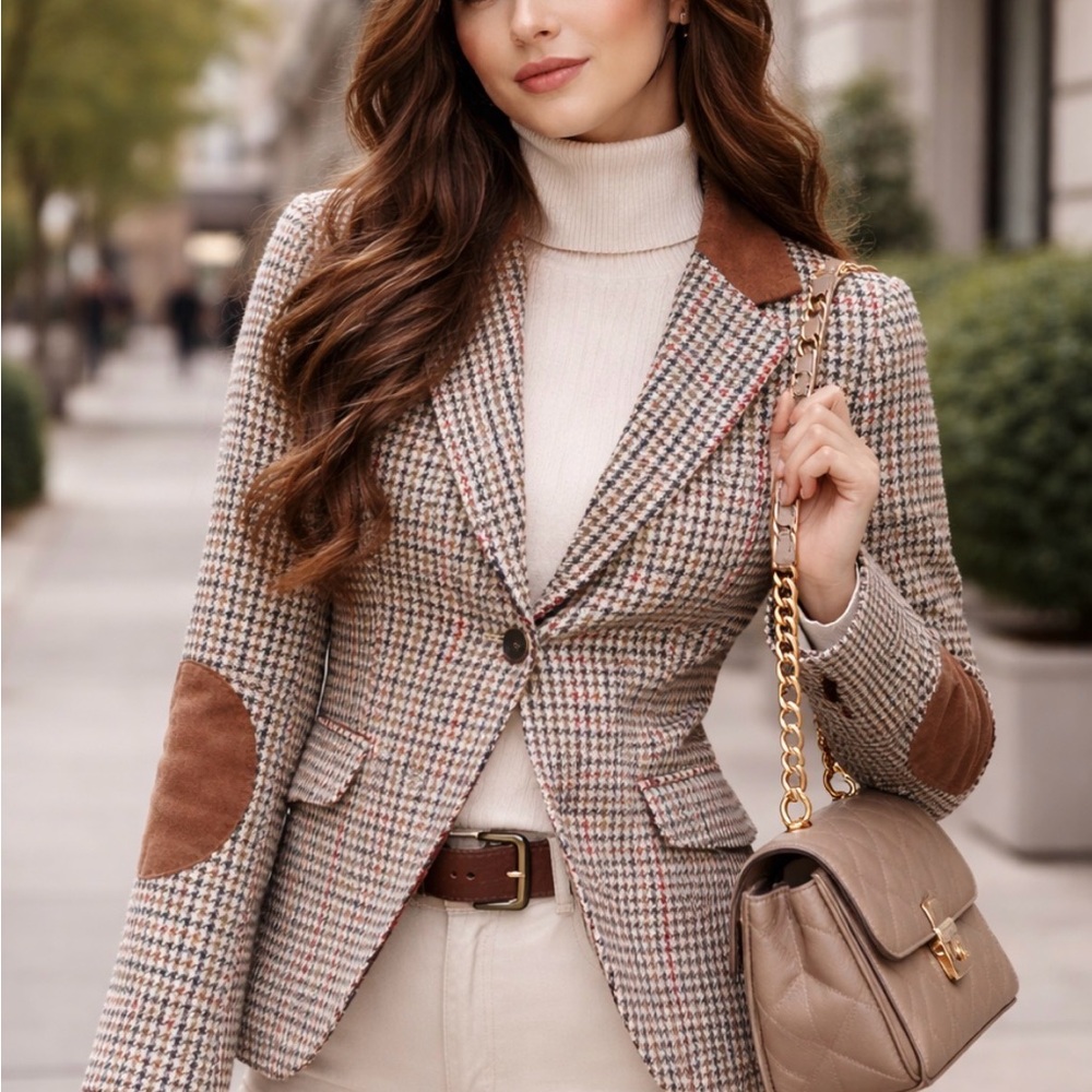 H&M Brown Plaid Tweed Blazer with Suede Elbow Patches